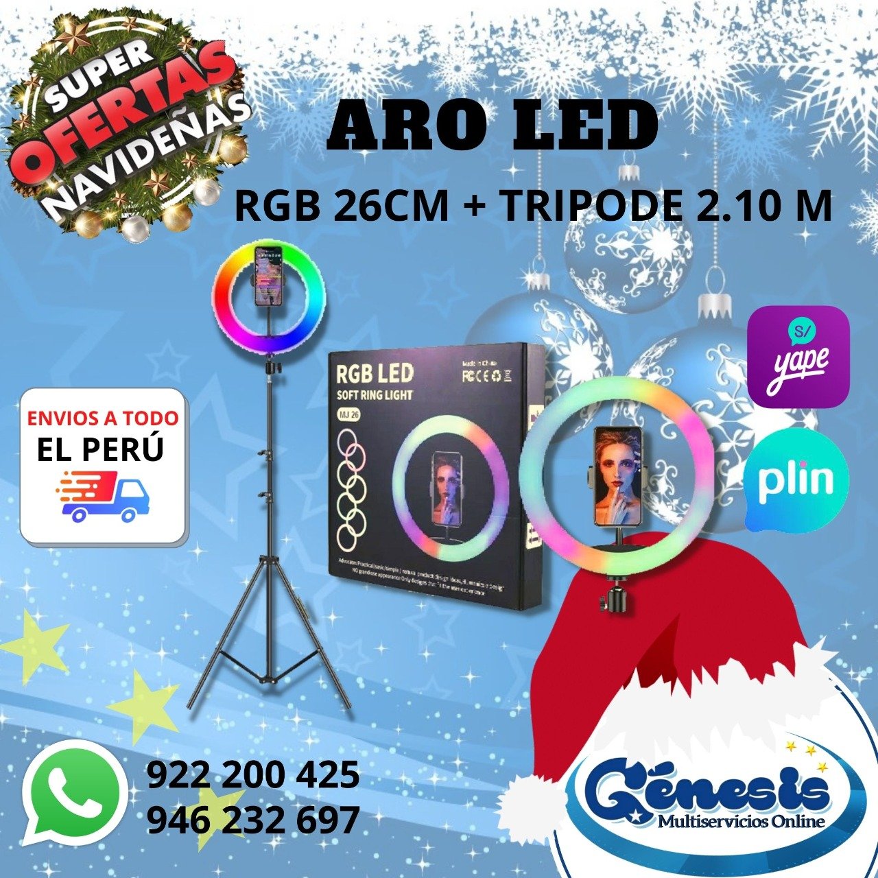 Aro Luz Led 26 CM RGB Colores + Trípode 2.10 Metros Kit
